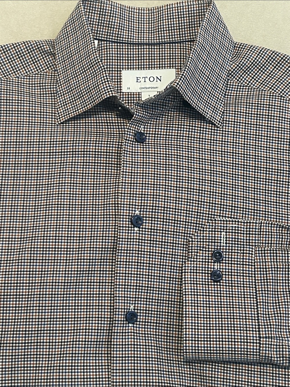 Eton Contemporary Fit Plaid Dress Shirt Mens Size Small 15/38 Brown Navy Blue